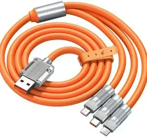 3-in-1 Fast Charging Cable with USB, Type-C, Lightning, and Micro USB connectors – orange braided design