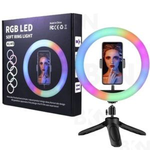RGB Ring Light MJ45 adjustable LED ring with tripod stand and remote, ideal for makeup, photography, and live streaming.
