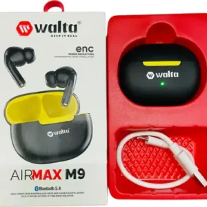 Walta AirMax M9 wireless earbuds in their charging case with a black and yellow design.